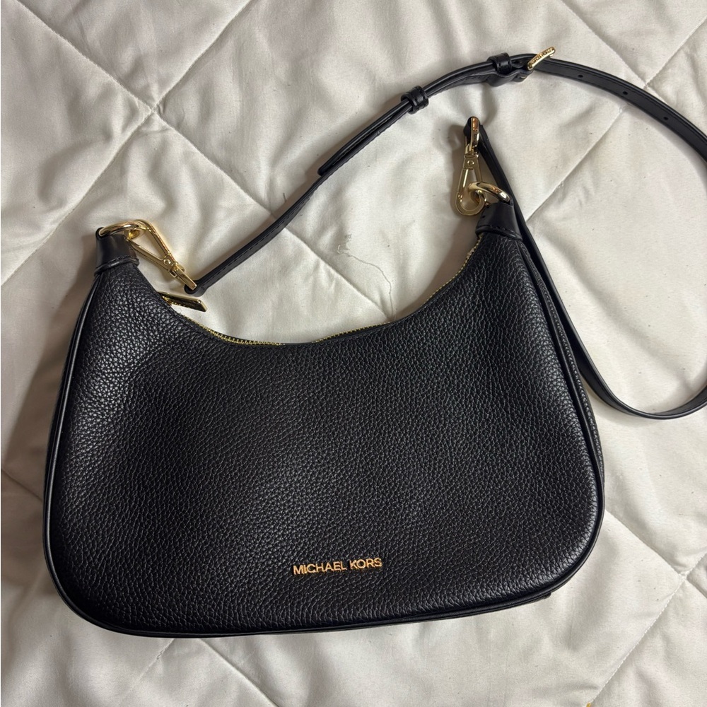Michael Kors Black Pebbled Leather Shoulder Bag with adjustable straps